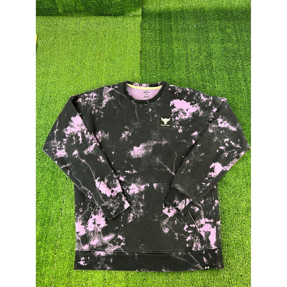 Under Armour Project Rock Women Purple Black Tie Dye Crewneck Sweatshirt SM
